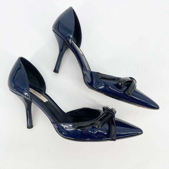 Prada Navy Blue Black Patent Leather Bow Pointed Toe D'Orsay Pump size IT 36.5 - Picture 3 of 11